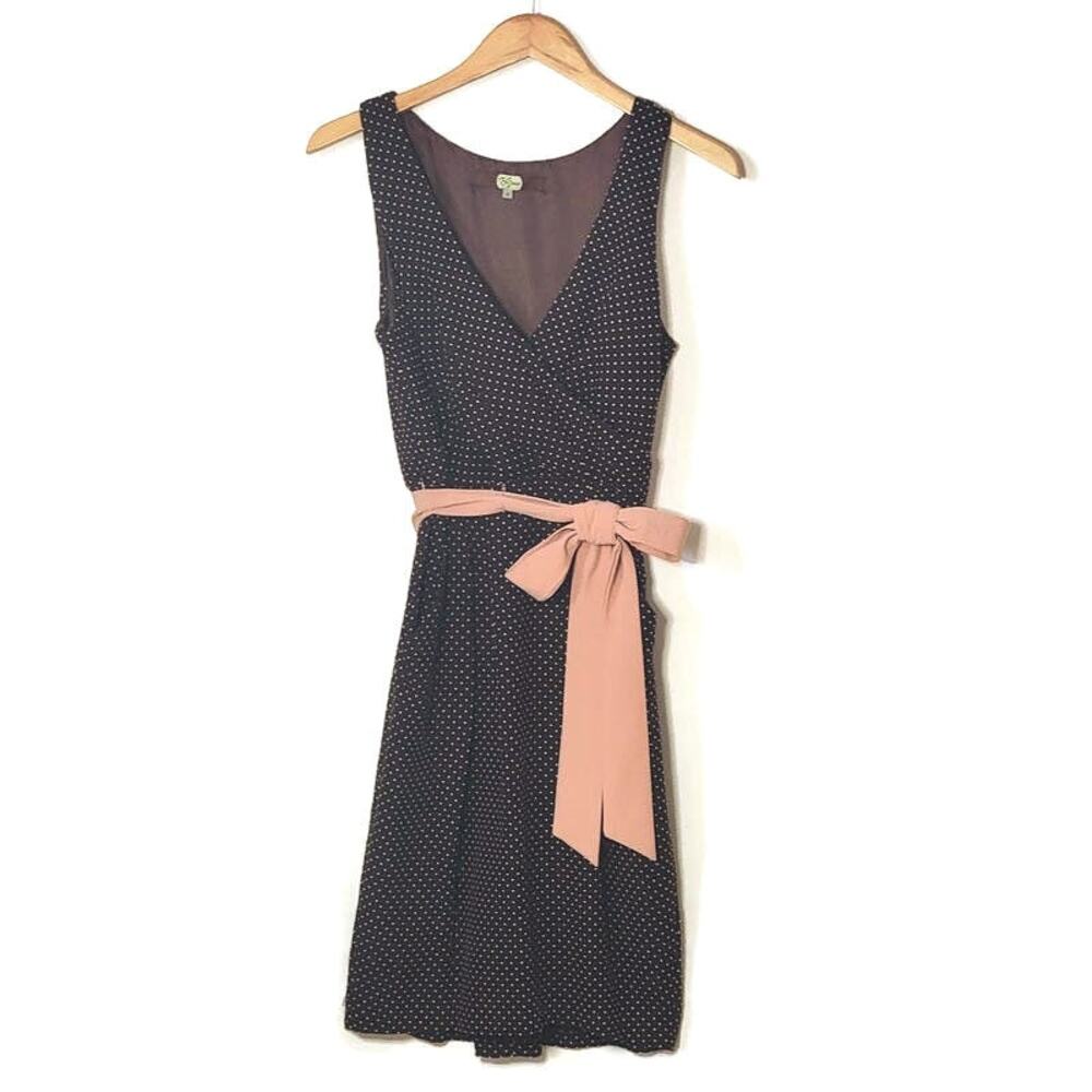 Eva Franco Polka Dot Tie Waist Sleeveless Midi Dress Brown Pink 6 Retro